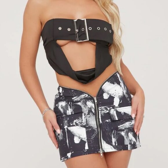 Ego Black & White Zip Front Bodycon Mini Skirt SZ L - Picture 3 of 7